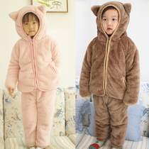 Coral Velvet Pajamas Girls Boys Childrens long sleeves thickened plush home clothes Lambskin suit winter