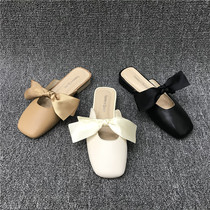 2019 summer new decoding handling real leather female shoes head retro grandma shoes silk ribbon flat female slippers