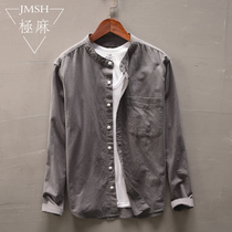 Extreme hemp Japanese retro collar long sleeve shirt mens large size autumn leisure youth old loose cotton shirt