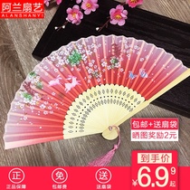  Silk rabbit double rabbit red folding fan Japanese-style small female fan Ladies pocket folding fan Childrens stall