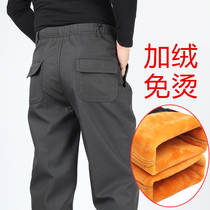 Winter middle-aged and elderly casual pants plus velvet thickened mens elastic high waist cotton loose father long pants mens pants