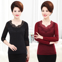 Lace middle-aged mothers spring and autumn fashion s all-match mesh bottoming shirt top 40-50 middle-aged and elderly womens clothing s long