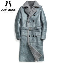 Luxury knee long leather leather jacket coat fur integrated mens winter wear thickened velvet cold super warm fur