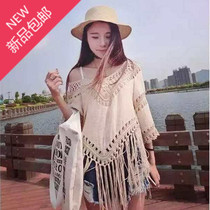 Tassel top womens summer cotton and linen stitching knitted hollow blouse Summer V-neck three-point sleeve loose t-shirt jacket