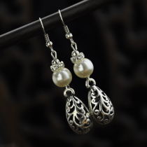 Retro Pearl Diamond Miao silver hollow water drop earrings women earrings Korean temperament National Wind gift drop