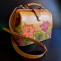 Handmade High-end Gift Genuine Leather Mens Bag Womens Bag Bookings Made Bullskin Sculptures Retro Painted Lotus Carry Bag Satchel