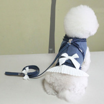 Lazy Pet Korean bonyndog dog Pet bow denim pleated skirt leash