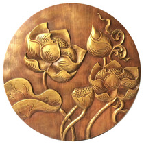 Special Thai home style Lotus round wood carving board Gold lotus wall decoration Wall decoration