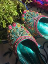 Green leaves Pakistan handmade heavy industry pure leather embroidered thread embroidered beaded shoes Nepal Thailand India Exotic style