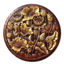 Special Southeast Asia home living room study decoration lotus Thai wood carving round gold lotus plate hanging