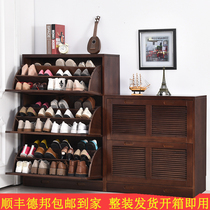 Ultra-thin tipping shoe cabinet 18cm simple modern hall cabinet Nordic entrance porch partition cabinet walnut color solid wood