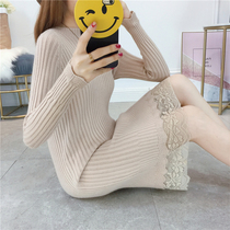 Plus velvet thickening autumn and winter 2021 new lace sweater womens mid-length knitted bottoming shirt fake two-piece sweater skirt