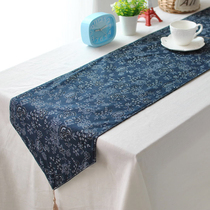 Japanese blue flower tablecloth Pastoral cotton and hemp ethnic style Chinese floral fabric tea table Tea mat Zen tea mat table flag