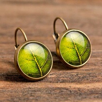 Lithuanian designer Sandra magic jewelry_Leaf veins 丨 Green leaf bronze round earrings in stock