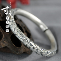 Yunnan snowflake silver pure handmade s999 foot silver relief peony sterling silver bracelet original retro National style