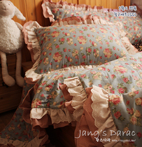 Korea imported gray blue retro rose flowers small floral American pastoral dark red grid four-piece bedding