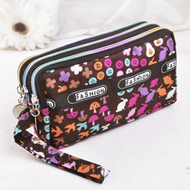 Three zipper fabric wrist bag female fashion wild cartoon student bag long change key mobile phone bag