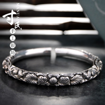 Inchs handmade snowflake silver three-dimensional carved peony silver bracelet opening adjustable retro sterling silver bracelet 99 silver bracelet