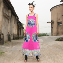  Cloud decoration totem original design womens dress ethnic style hand-embroidered old embroidered satin thin lion long skirt