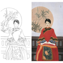 Gongbi painting white sketch background Lady character white paper print draft 66*123 with color map Cui Jingzhe 170T