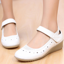 Breaking Xiaochun Summer Genuine Leather Nurse Shoes White Slope Heel Genuine Leather Beef Tendon Bottom Women Shoes Mom Shoes Single Shoe Working Shoes