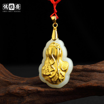 Ruya Zhai Hetian jade gold inlaid jade cabbage pendant Men and women couples pure gold inlaid pendant pendant Lucky necklace jade card