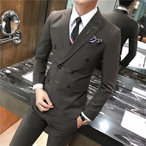 Suit suit suit mens three-piece handsome double-breasted slim Korean version of small suit formal groom groom best man wedding ceremony