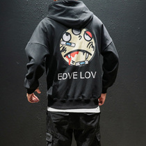 Hong Kong trendy brand cartoon printing loose sweater mens Japanese plus fat plus size hooded pullover casual jacket mens