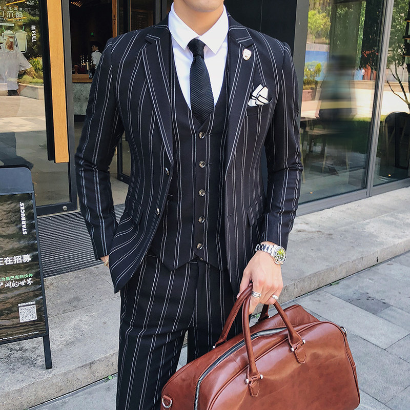 新款绅士英伦风修身西服三件套伴郎新郎礼服西装套装W8024/P295黑