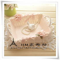 Rattan fruit basket Storage basket Storage basket sundries basket Fabric lace pastoral Korean binaural blue basket Pink