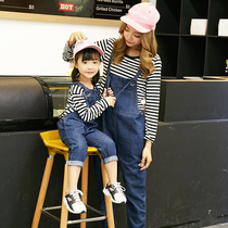 Parent-child wear spring and autumn 2022 new Korean version of the trendy denim overalls mother-child mother-daughter boy girl striped suit