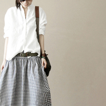 Two-person produced-713th story) pure linen classic small stand-collar white shirt Special