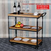 Wrought iron solid wood dining car wine car Vintage restaurant trolley mobile car Wine rack Hotel dining plate collection car