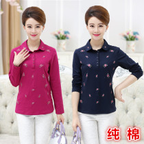 Middle-aged womens T-shirt spring long sleeves fashion mother dress cotton lapel embroidered T-shirt middle-aged and elderly large size womens tops