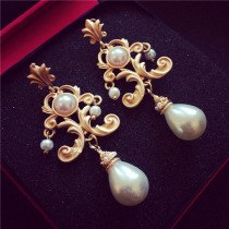 Retro Temperament Baroque Pearl Earrings Earrings Palace Wind Long flowers Exaggerated Temperament Ear-Ears Accessories