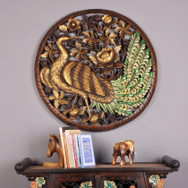 Thai carved board Southeast Asian wood carving Peacock board hollow wood carving painted wall decoration TV background Wall Wall Wall decoration