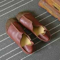 Genuine leather cowhide retro handmade literary womens shoes non-slip flat-bottomed heel toe slippers single shoes foreign trade original pure leather