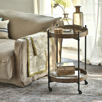 Simple modern movable side table sofa corner table double-layer solid wood round table with wheels phone table creative fashion
