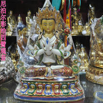 Tibetan Buddhism Nepal Hand-painted Buddha statue Four-armed Guanyin Copper painted four-armed Guanyin Buddha statue
