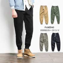 Fuseeho basic item national trend solid color casual pants drawstring pants elastic slim pants sports pants mens small pants