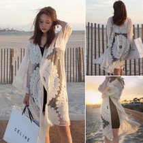 Seaside sunscreen clothing Beach cardigan swimsuit outer cutout blouse Hot spring mesh jacket blouse womens medium-long section