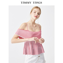 Sugar force summer new womens pink pit stripe slim wool sweater one-line collar strapless suspender top