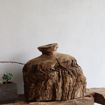 Home vase full hand-carved oak shallow vase weathered wood art dead wood dry flower Flower Collection