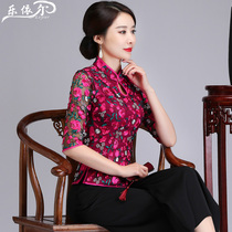 Mid-sleeve modified fashion cheongsam top short spring and summer Tang suit mothers wedding dress embroidery large size