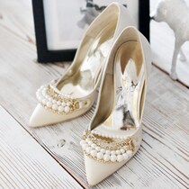 South Korea Light-Cooked Temperament Elegant Career Commute Pearl Inlaid Drilling Handmade Goat Leather High Heel Shoes