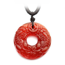 Biya red agate peace buckle pendant 2021 Year of the Ox year of life red crystal carving double Pixiu pendant for men and women