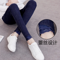 Korean maternity pants 2021 spring and autumn belly pants new slim slim denim stitching lace small foot pencil pants