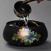 God Sculptures Coarse Pottery tea washed ceramic washed black pottery cups Hand Painting Green Flowers Tea Bowls Pens Wash Kutian Tea Accessories of Tea Trail Accessories