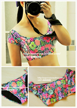 Sexy strapless collar niche designer fluorescent flower small chest split bikini hot spring swimsuit