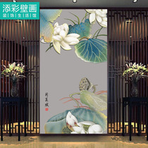 Modern Chinese Lotus lotus leaf pattern wallpaper entry door wall mural porch wallpaper painting entrance wall vertical version
